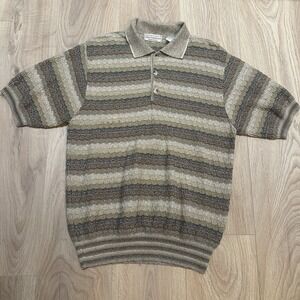 VINTAGE Norm Thompson Knitted Polo Sweater Large Geometric Banded 90s Italy